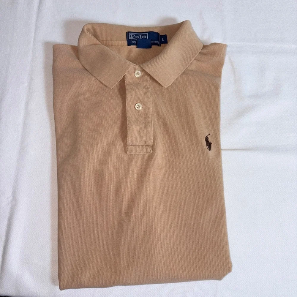 Polo Ralph Lauren Polo Shirt Large Tan Pique Cotton Short Sleeve Logo biw pony